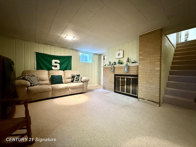 1486 Lathrup Ave, Saginaw, MI 48638 - living room with carpet flooring, a fireplace, and stairs