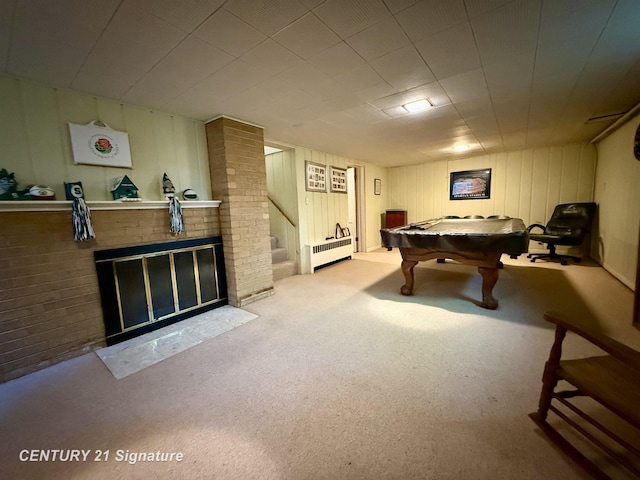 1486 Lathrup Ave, Saginaw, MI 48638 - rec room featuring radiator, a brick fireplace, carpet flooring, and billiards table