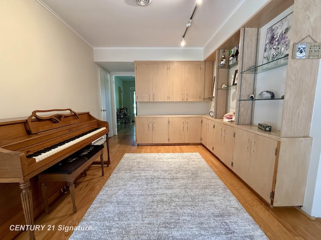 1486 Lathrup Ave, Saginaw, MI 48638 - kitchen featuring light countertops, light brown cabinets, open shelves, ornamental molding, and track lighting