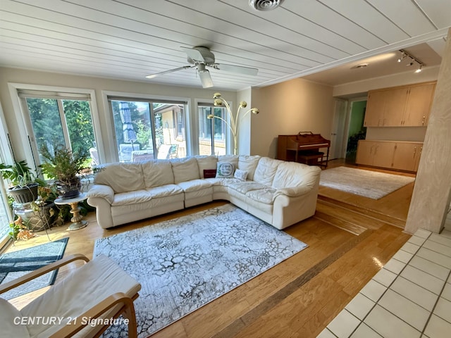 1486 Lathrup Ave, Saginaw, MI 48638 - living room with a ceiling fan, track lighting, light wood-type flooring, and wooden ceiling