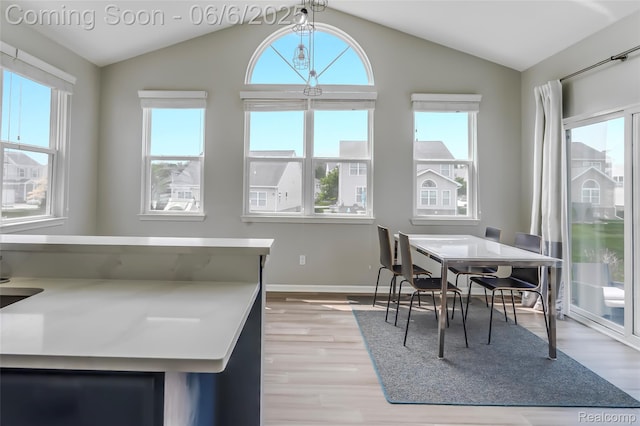 59625 Twin Pines Dr, New Hudson, MI 48165 - dining space with vaulted ceiling, light wood-style floors, plenty of natural light, and baseboards