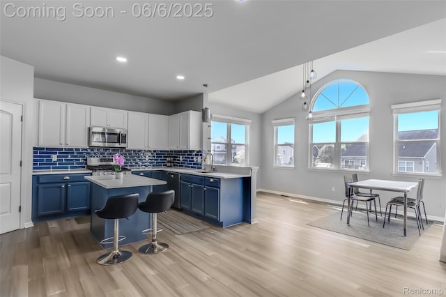 59625 Twin Pines Dr, New Hudson, MI 48165 - kitchen featuring appliances with stainless steel finishes, a sink, light wood-type flooring, blue cabinetry, and light countertops