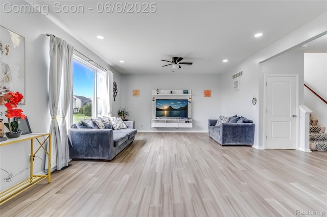 59625 Twin Pines Dr, New Hudson, MI 48165 - living area featuring ceiling fan, stairs, light wood-type flooring, and recessed lighting