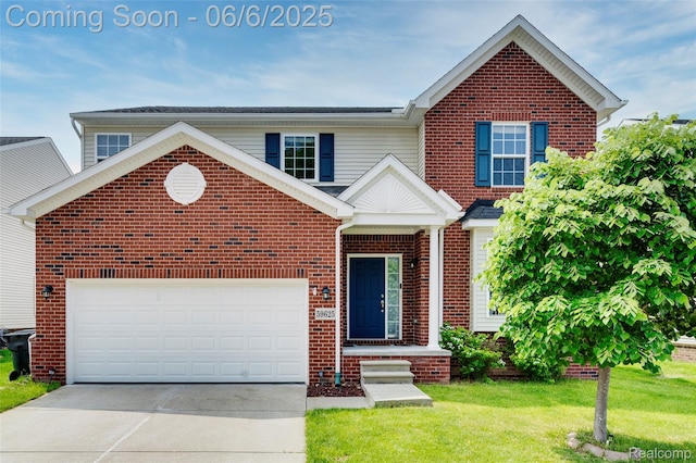 59625 Twin Pines Dr, New Hudson, MI 48165 - traditional-style house with driveway, a front yard, brick siding, and a garage