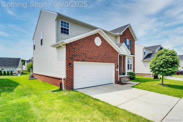 59625 Twin Pines Dr, New Hudson, MI 48165 - traditional-style house featuring a front yard, concrete driveway, a garage, and brick siding