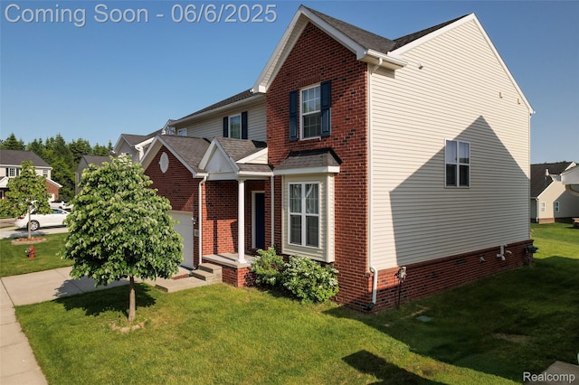 59625 Twin Pines Dr, New Hudson, MI 48165 - traditional-style house featuring brick siding, a front yard, and a shingled roof