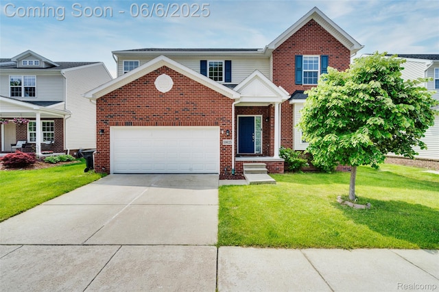 59625 Twin Pines Dr, New Hudson, MI 48165 - view of front of property featuring an attached garage, concrete driveway, brick siding, and a front yard