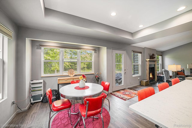 2816 W K Bar L Dr, Midland, MI 48640 - dining space featuring plenty of natural light, a warm lit fireplace, wood finished floors, baseboards, and recessed lighting