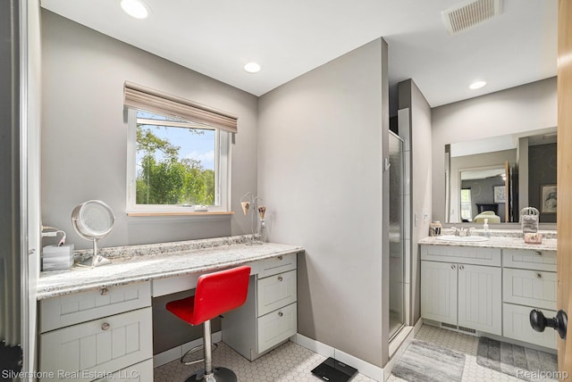 2816 W K Bar L Dr, Midland, MI 48640 - bathroom featuring a stall shower, vanity, baseboards, tile patterned floors, and recessed lighting
