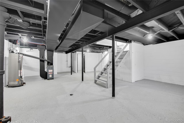 18519 Morang Dr, Detroit, MI 48205 - below grade area featuring water heater, stairway, and heating unit