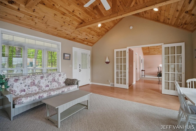 15021 S Star Lake Dr, Baldwin, MI 49304 - living area featuring french doors, wood ceiling, carpet floors, ceiling fan, and baseboards