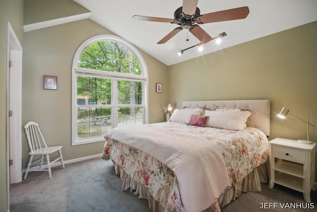 15021 S Star Lake Dr, Baldwin, MI 49304 - carpeted bedroom featuring lofted ceiling, baseboards, and a ceiling fan