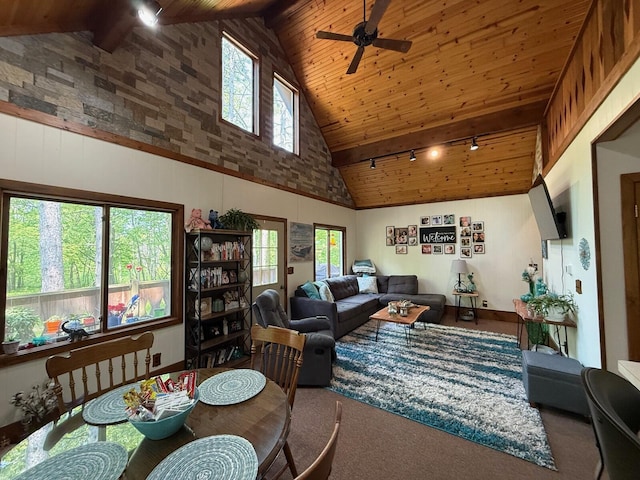 12480 Lone Wolf Trl, Canadian Lakes, MI 49346 - living area featuring track lighting, wooden ceiling with exposed beams, ceiling fan, high vaulted ceiling, and plenty of natural light