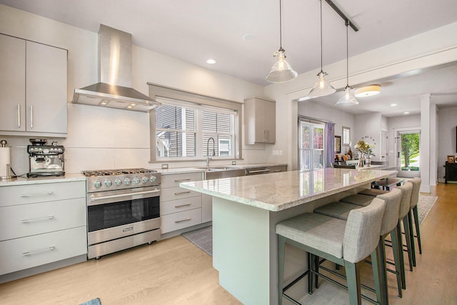 2234 Lake Dr SE, East Grand Rapids, MI 49506 - kitchen featuring high end stainless steel range, wall chimney range hood, light wood-type flooring, a sink, and a center island