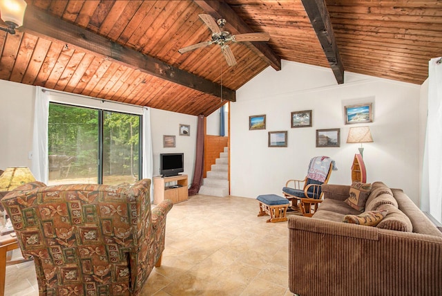 77125 Pinewood Ln, South Haven, MI 49090 - living room featuring wood ceiling, stairway, and ceiling fan