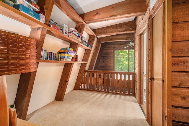 77125 Pinewood Ln, South Haven, MI 49090 - hall with carpet, wood walls, and beam ceiling