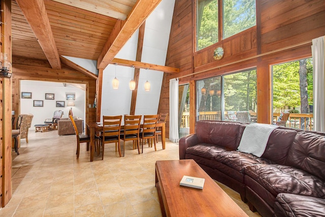 77125 Pinewood Ln, South Haven, MI 49090 - living area with wood walls, wooden ceiling with exposed beams, and high vaulted ceiling