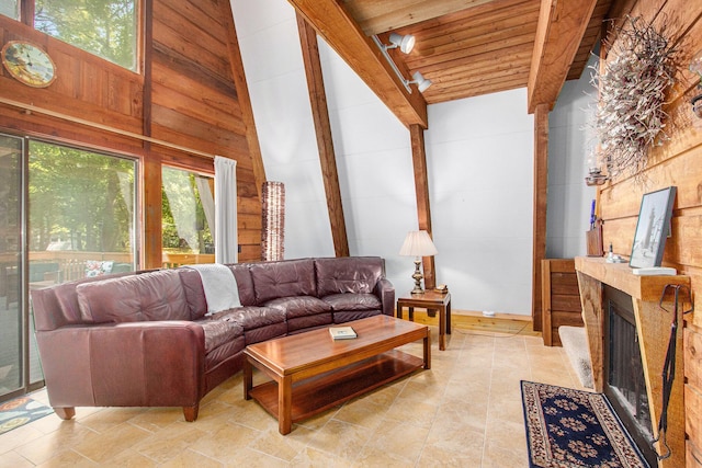 77125 Pinewood Ln, South Haven, MI 49090 - living area with wooden walls, wooden ceiling with exposed beams, and a fireplace