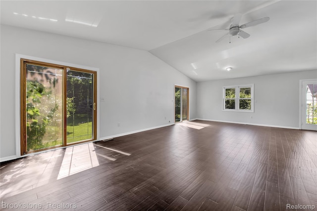 20930 Stahelin Rd, Southfield, MI 48075 - unfurnished room featuring ceiling fan, vaulted ceiling, and dark wood-style flooring