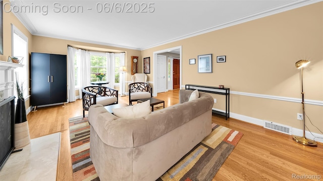 828 Westchester Rd, Grosse Pointe Park, MI 48230 - living room featuring ornamental molding, a fireplace with flush hearth, light wood-style flooring, and baseboards