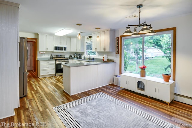 11305 Cook Rd, Gaines, MI 48436 - kitchen featuring appliances with stainless steel finishes, a peninsula, wood finished floors, white cabinets, and decorative light fixtures