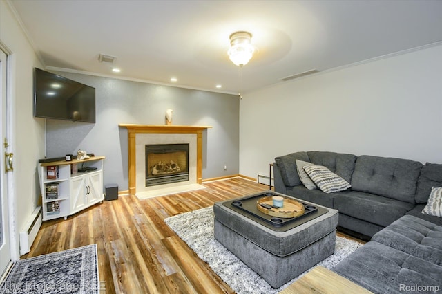 11305 Cook Rd, Gaines, MI 48436 - living room featuring baseboard heating, crown molding, a baseboard heating unit, wood finished floors, and a fireplace