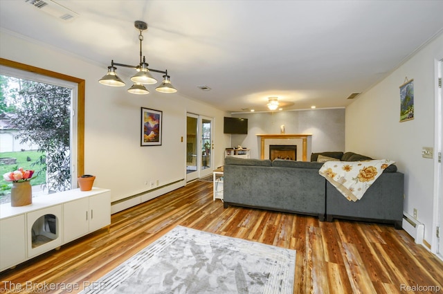 11305 Cook Rd, Gaines, MI 48436 - living room with a baseboard heating unit, wood finished floors, ornamental molding, a fireplace, and baseboards