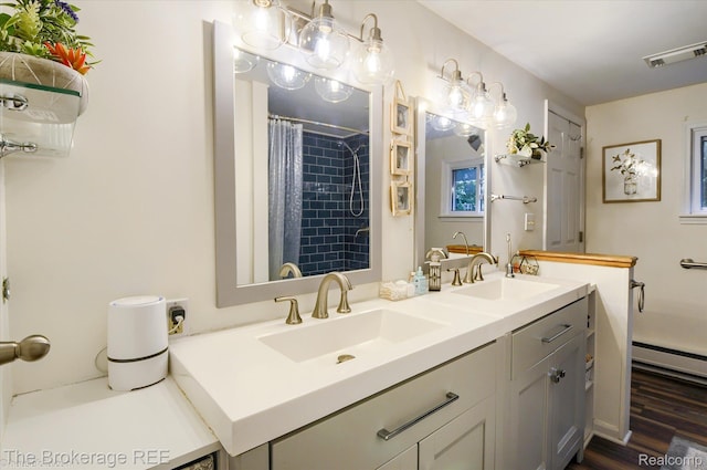 11305 Cook Rd, Gaines, MI 48436 - bathroom featuring double vanity, a shower with shower curtain, a baseboard radiator, and wood finished floors
