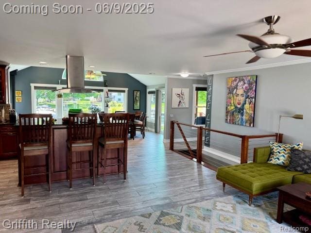 1158 Camelot Dr, Pinckney, MI 48169 - kitchen featuring island range hood, light wood finished floors, a ceiling fan, a breakfast bar area, and ornamental molding