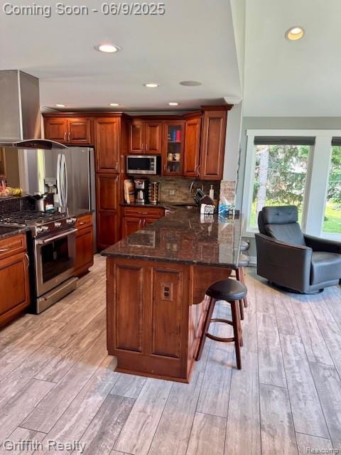 1158 Camelot Dr, Pinckney, MI 48169 - kitchen with appliances with stainless steel finishes, a kitchen breakfast bar, light wood finished floors, dark stone countertops, and glass insert cabinets