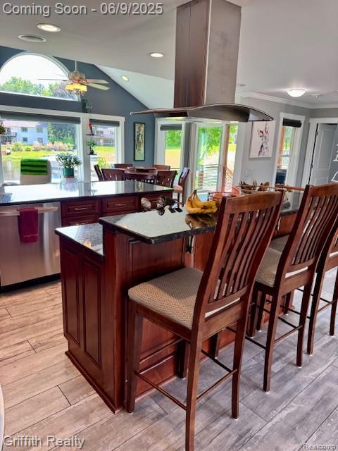 1158 Camelot Dr, Pinckney, MI 48169 - bar area featuring dishwasher, light wood-type flooring, plenty of natural light, vaulted ceiling, and recessed lighting