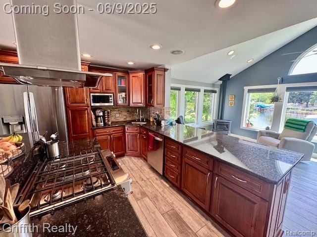 1158 Camelot Dr, Pinckney, MI 48169 - kitchen with stainless steel appliances, a sink, lofted ceiling, light wood finished floors, and backsplash