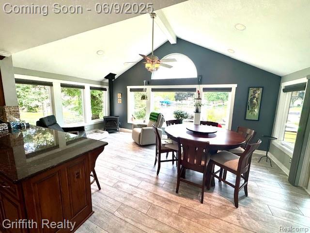 1158 Camelot Dr, Pinckney, MI 48169 - dining room with a wood stove, plenty of natural light, light wood-style floors, and ceiling fan
