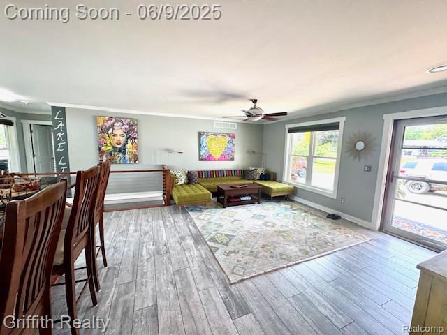 1158 Camelot Dr, Pinckney, MI 48169 - living room featuring crown molding, wood finished floors, plenty of natural light, ceiling fan, and baseboards