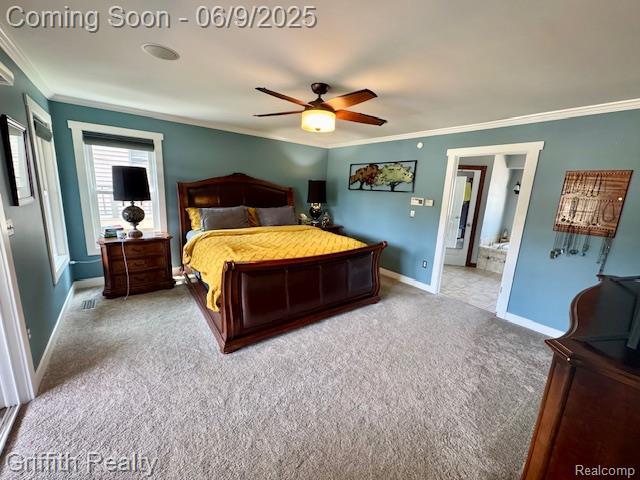 1158 Camelot Dr, Pinckney, MI 48169 - carpeted bedroom featuring crown molding, baseboards, and a ceiling fan