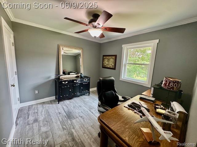 1158 Camelot Dr, Pinckney, MI 48169 - office area featuring ceiling fan, wood finished floors, ornamental molding, and baseboards
