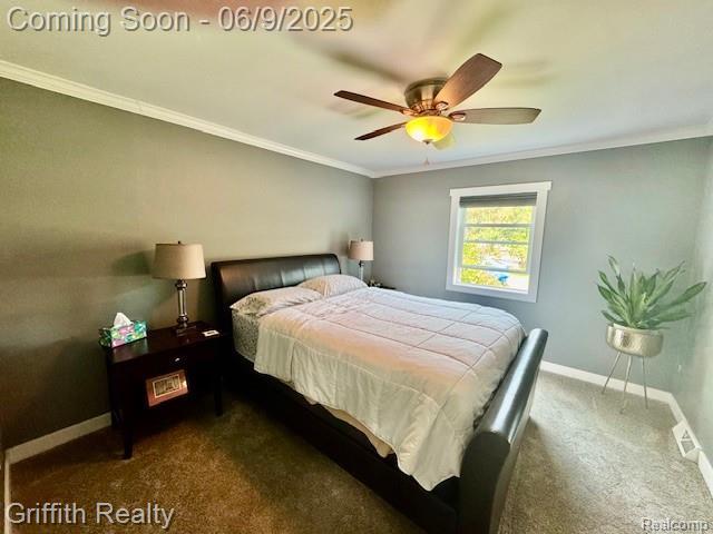 1158 Camelot Dr, Pinckney, MI 48169 - bedroom featuring baseboards, dark colored carpet, crown molding, and ceiling fan