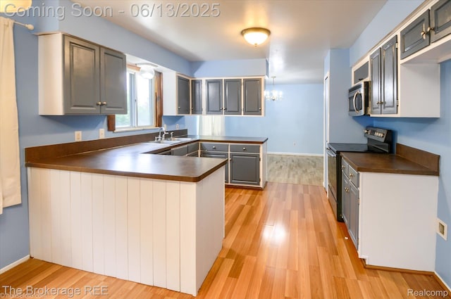 732 E Grand Blanc Rd, Grand Blanc, MI 48439 - kitchen featuring dark countertops, stainless steel appliances, a peninsula, and light wood-style flooring