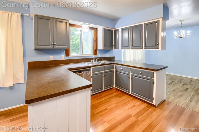 732 E Grand Blanc Rd, Grand Blanc, MI 48439 - kitchen featuring gray cabinetry, a peninsula, dark countertops, and a sink