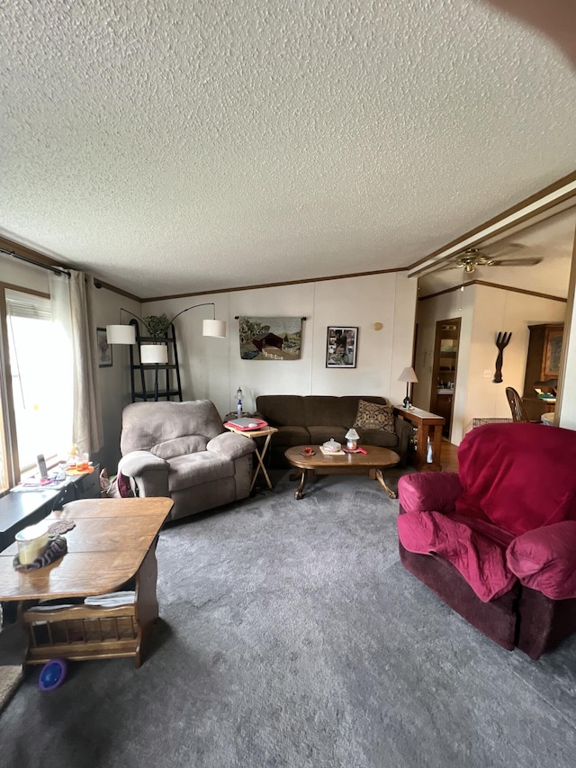 4153 Whisperwood Way S, Muskegon, MI 49442 - carpeted living room with a textured ceiling and a ceiling fan