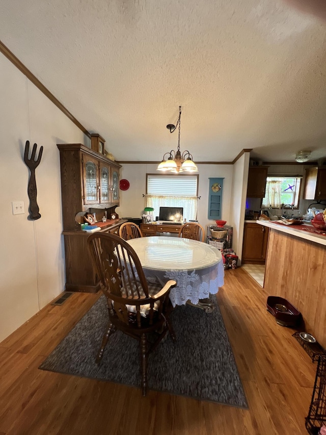 4153 Whisperwood Way S, Muskegon, MI 49442 - dining area with a fireplace, ornamental molding, light wood-style floors, and a textured ceiling