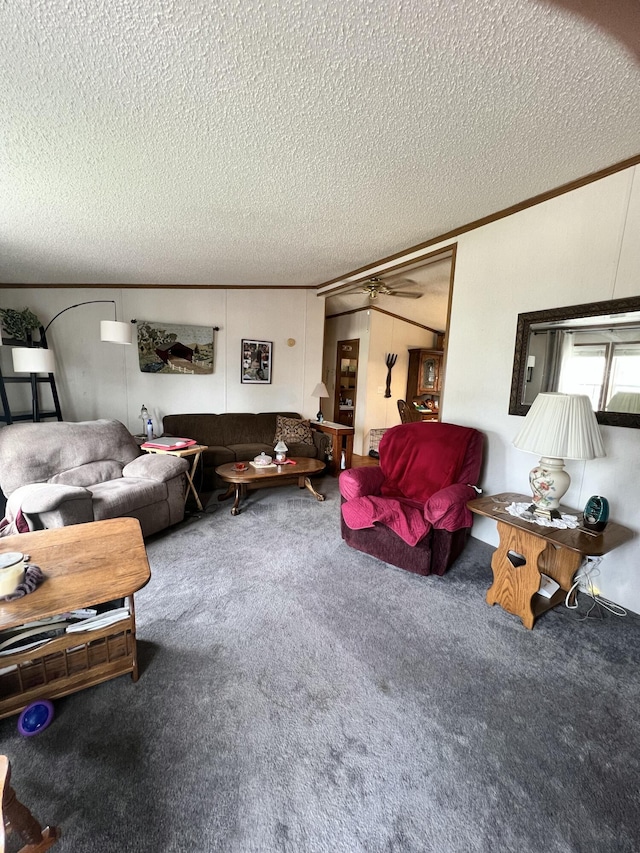 4153 Whisperwood Way S, Muskegon, MI 49442 - living area with carpet, a textured ceiling, ornamental molding, and ceiling fan