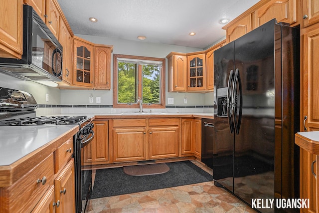 7460 Anthony St, Whitehall, MI 49461 - kitchen with black appliances, a sink, light countertops, glass insert cabinets, and recessed lighting