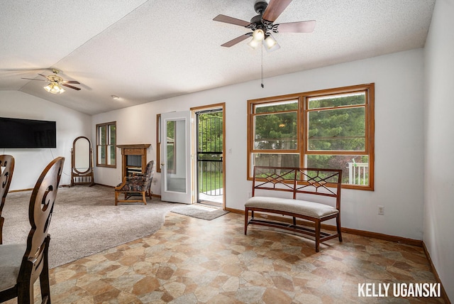 7460 Anthony St, Whitehall, MI 49461 - dining space with a ceiling fan, stone finish floors, baseboards, vaulted ceiling, and a textured ceiling