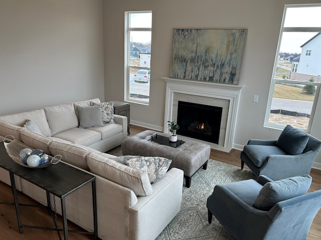 4846 W Burton Ln Unit 22, Saline, MI 48176 - living area featuring wood finished floors, baseboards, and a tiled fireplace