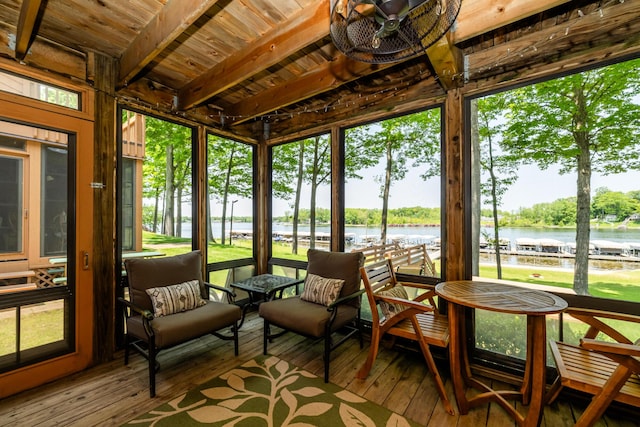 5576 N Watervliet Rd Unit 11, Watervliet, MI 49098 - sunroom featuring a water view and beamed ceiling