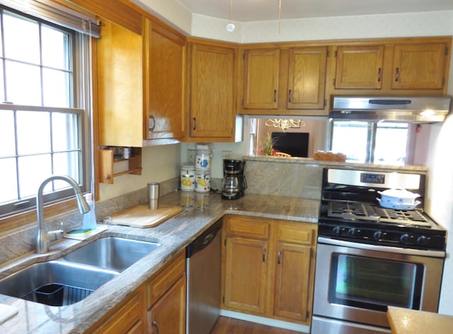5576 N Watervliet Rd Unit 11, Watervliet, MI 49098 - kitchen featuring stainless steel appliances, a sink, under cabinet range hood, and healthy amount of natural light