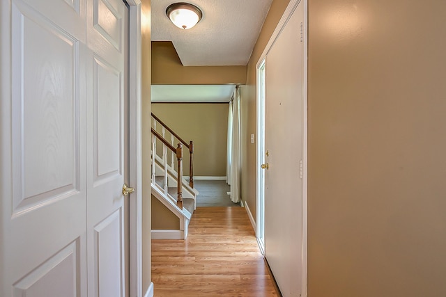 1196 Rathfon Cir, Saline, MI 48176 - hallway with light wood-style flooring, stairway, baseboards, and a textured ceiling