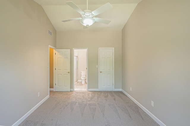 1196 Rathfon Cir, Saline, MI 48176 - unfurnished bedroom with light carpet, baseboards, ensuite bath, high vaulted ceiling, and a ceiling fan