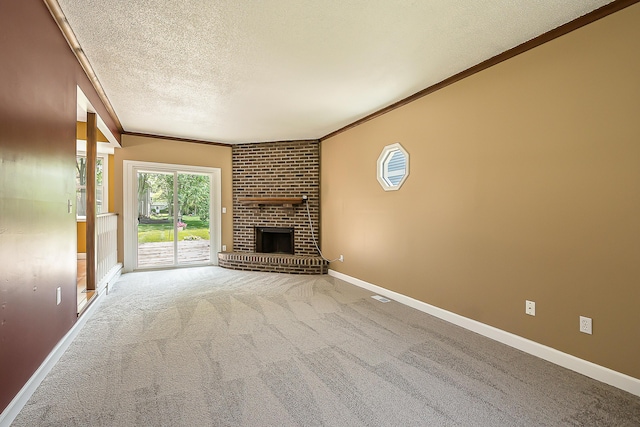 1196 Rathfon Cir, Saline, MI 48176 - unfurnished living room with a textured ceiling, carpet floors, ornamental molding, a fireplace, and baseboards